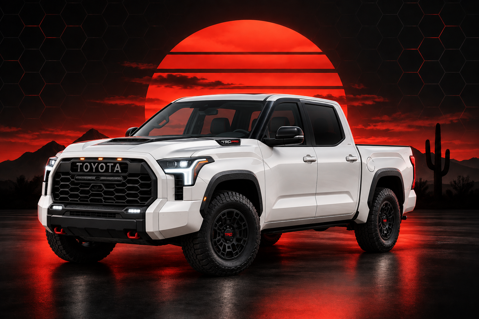 Illustration of a white Tundra TRD Pro from a front three-quarter angle, with dark side windows and a clear windshield beneath a narrow upper sun strip